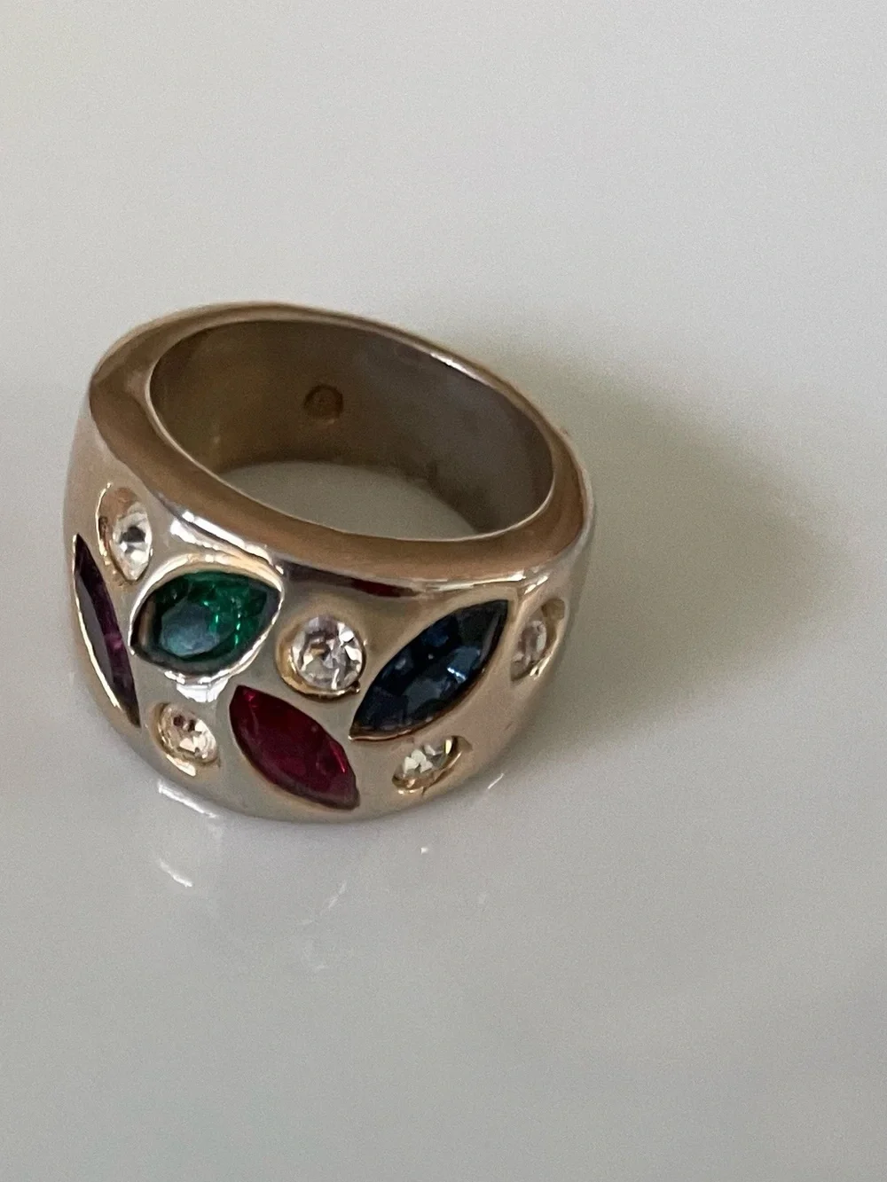 Gold Plated Multi-Stone Dome Ring with Red, Green, Purple,Blue and Clear Stones